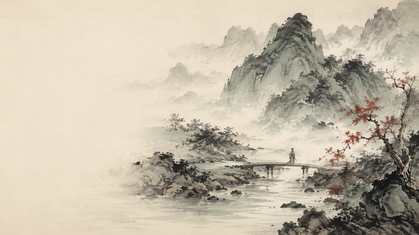 云雾群山与江上小桥的水墨画